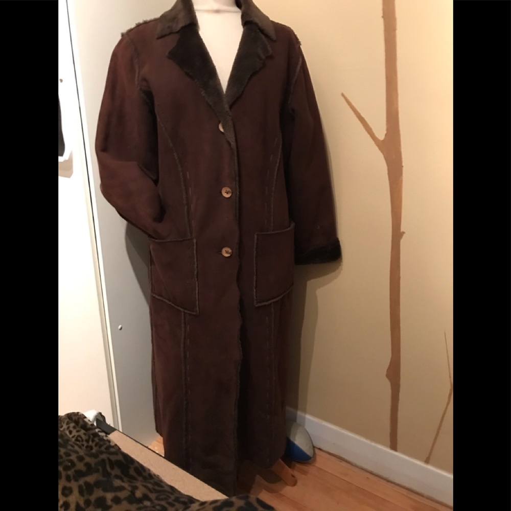 Brown Long Shearling Coat with Dark Trim